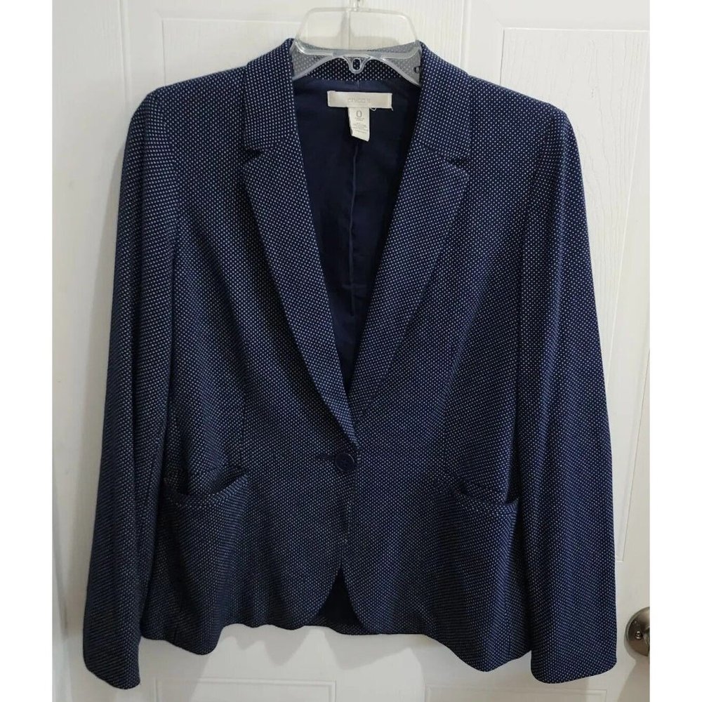 Chico’s Women's Long Sleeve Blazer Jacket One Button Blue White Polka Dot Size S